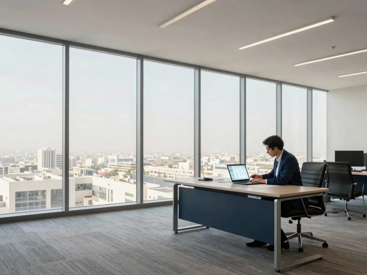 Wide editorial corporate photograph of a calm Dubai office with a